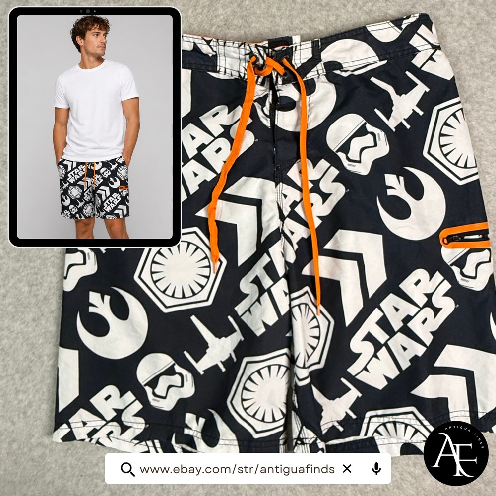 Star Wars Mens Board Shorts Black White Graphic Swim Trunks XL Stormtrooper